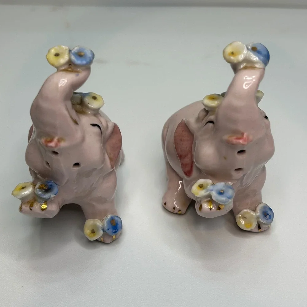 Vintage Pink Elephant Salt and Pepper Shakers Japan Ceramic Floral Gold Trim